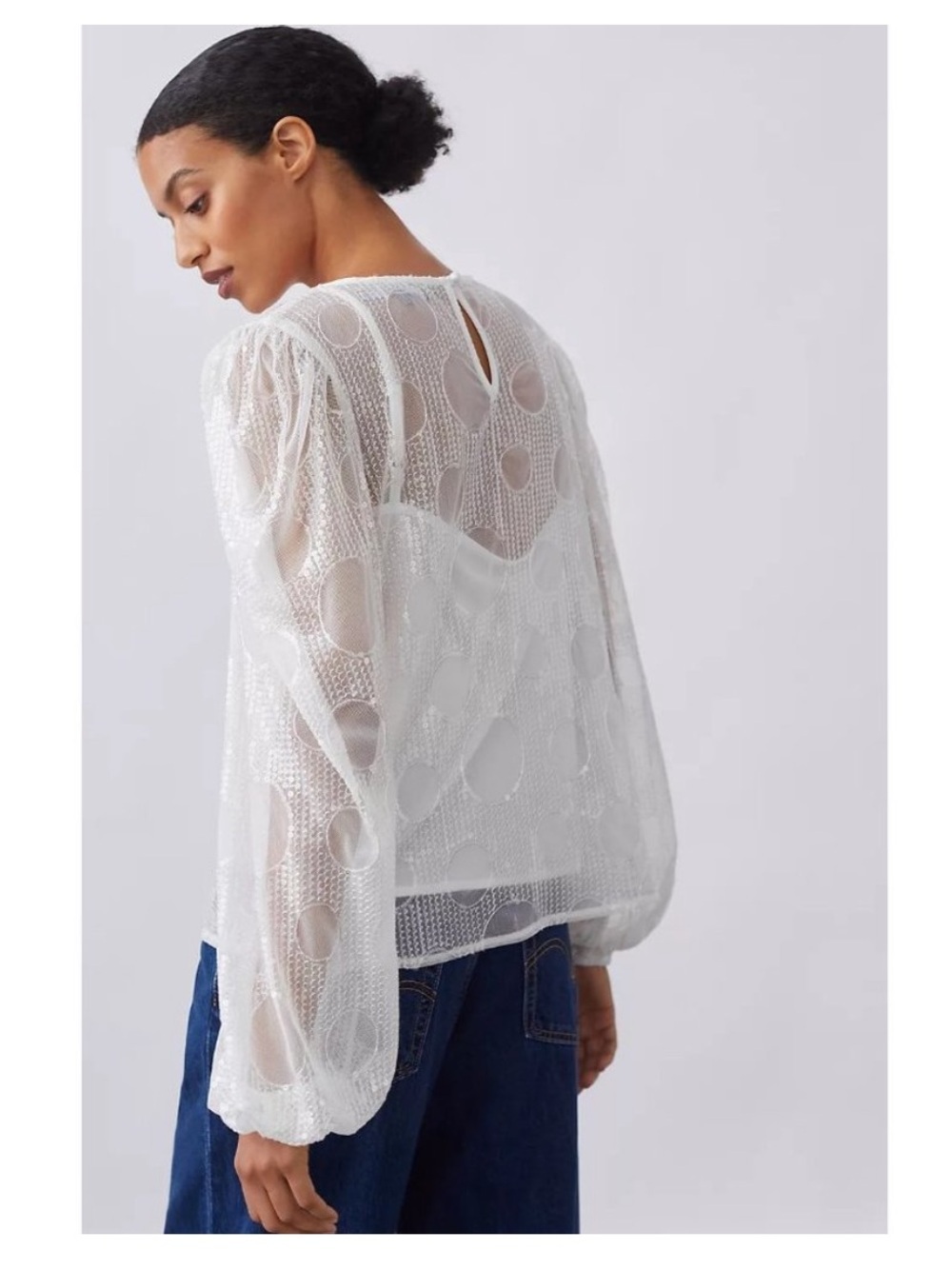 Anthropologie Eva Franco White Sheer Sequin Dot Blouse NWT Small